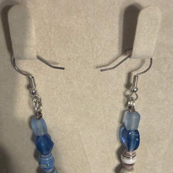 Handmade Blue and Beige Beaded Earrings - Picture 2 of 2